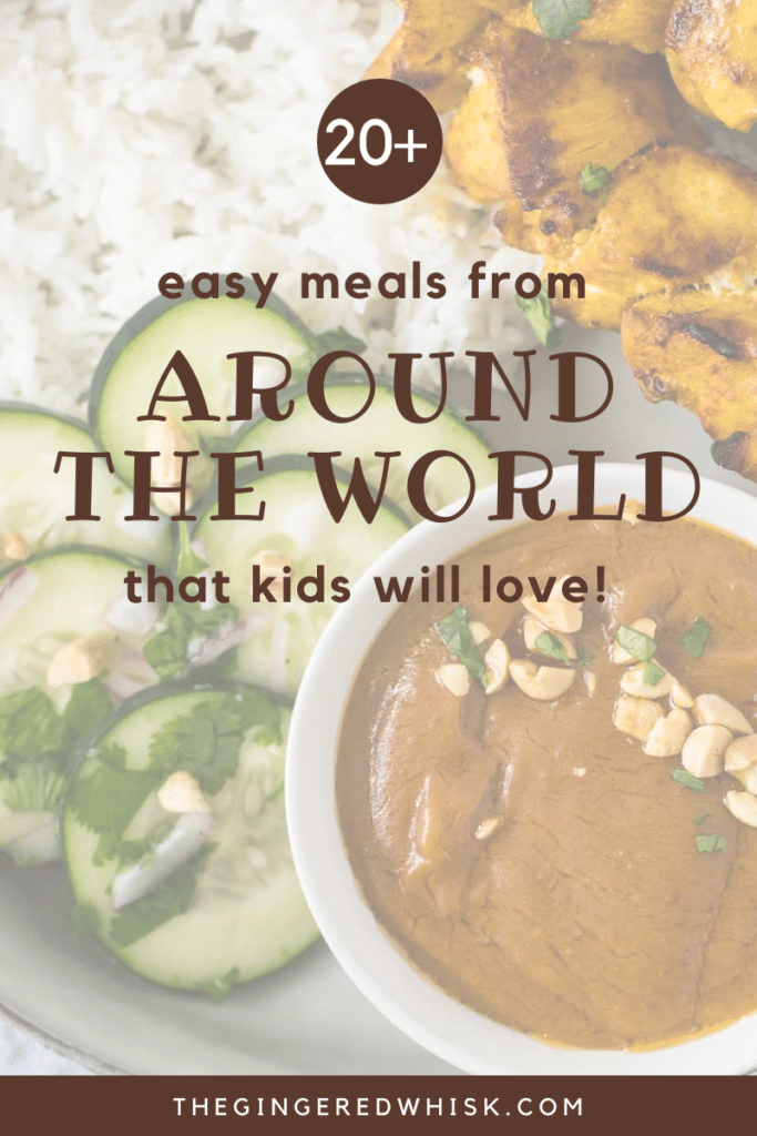 chicken satay with text overlay for "easy meals around the world"