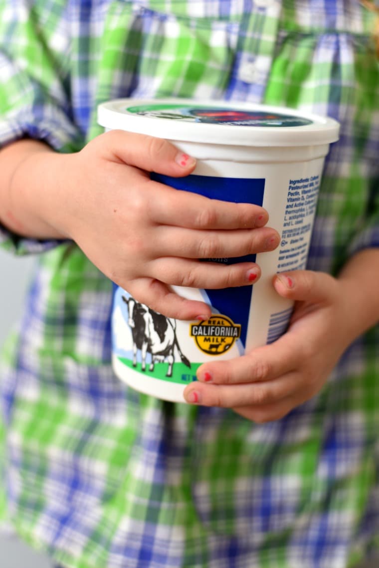 A child in a blue and green plaid shirt holding a container of yogurt