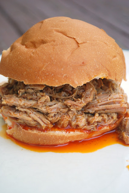 A close up of a pulled pork sandwich