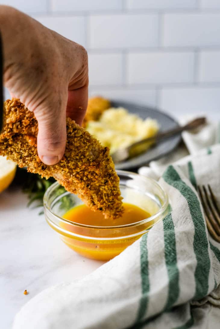 walnut crusted chicken dipped in honey mustard