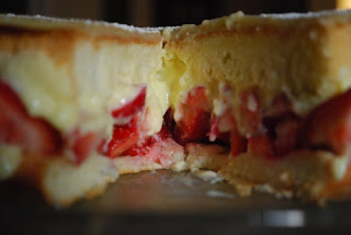 fresh fraisier cake with slice 