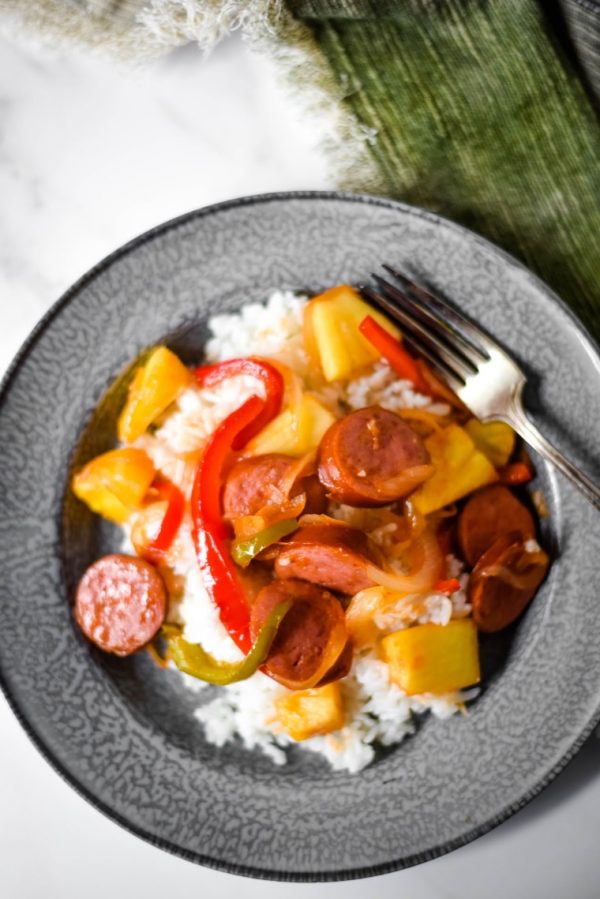 Sweet and Sour Kielbasa Skillet Meal The Gingered Whisk