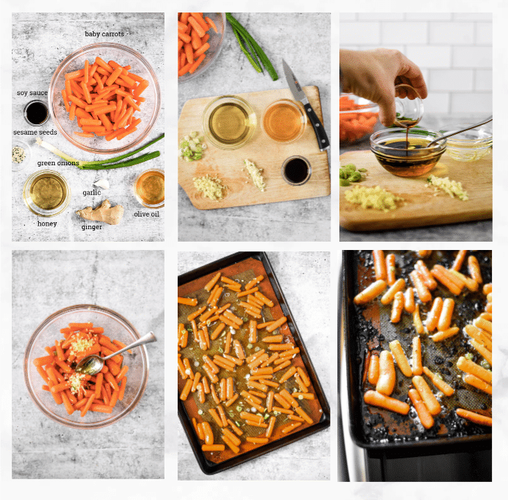 collage showing steps on how to make roasted baby carrots recipe