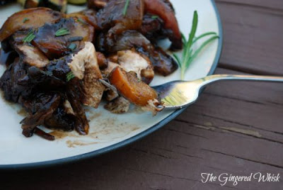 plate of food with roasted chicken and peaces in balsamic sauce