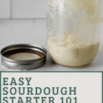 sourdough starter in jar with text overlay that reads "easy sourdough starter 101"