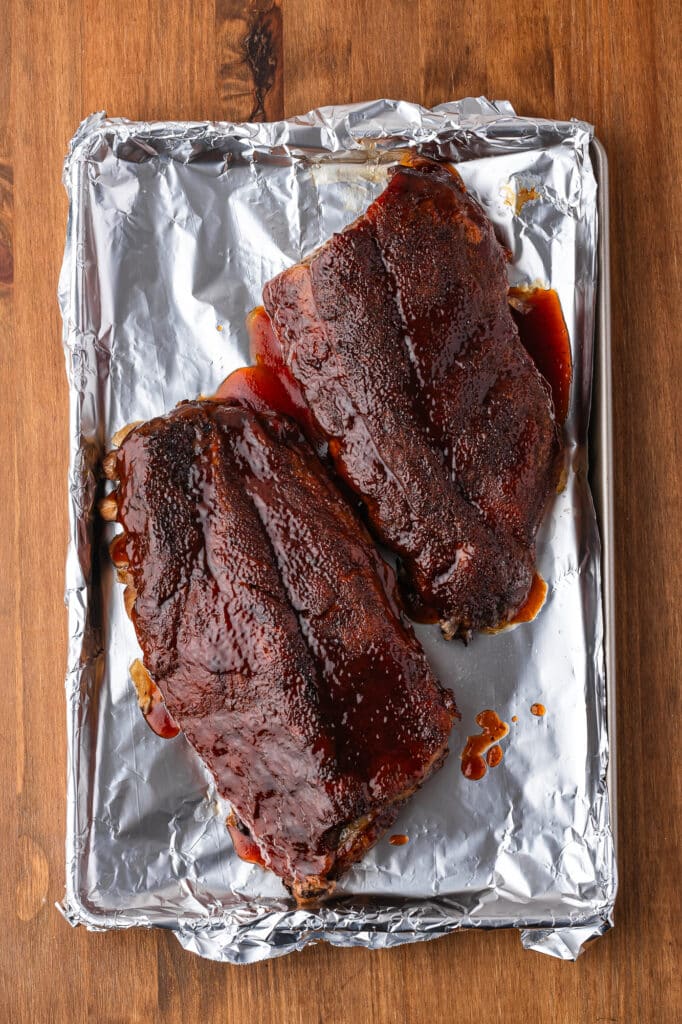 baby. back ribs on baking tray after broiling