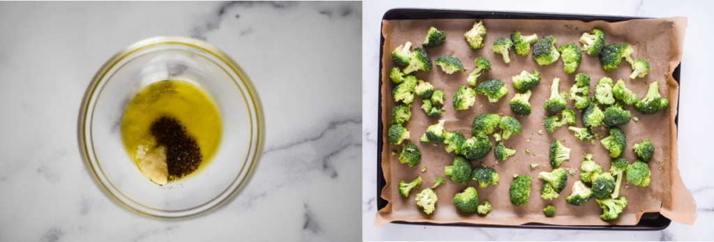 drizzling olive oil and seasoning over broccoli