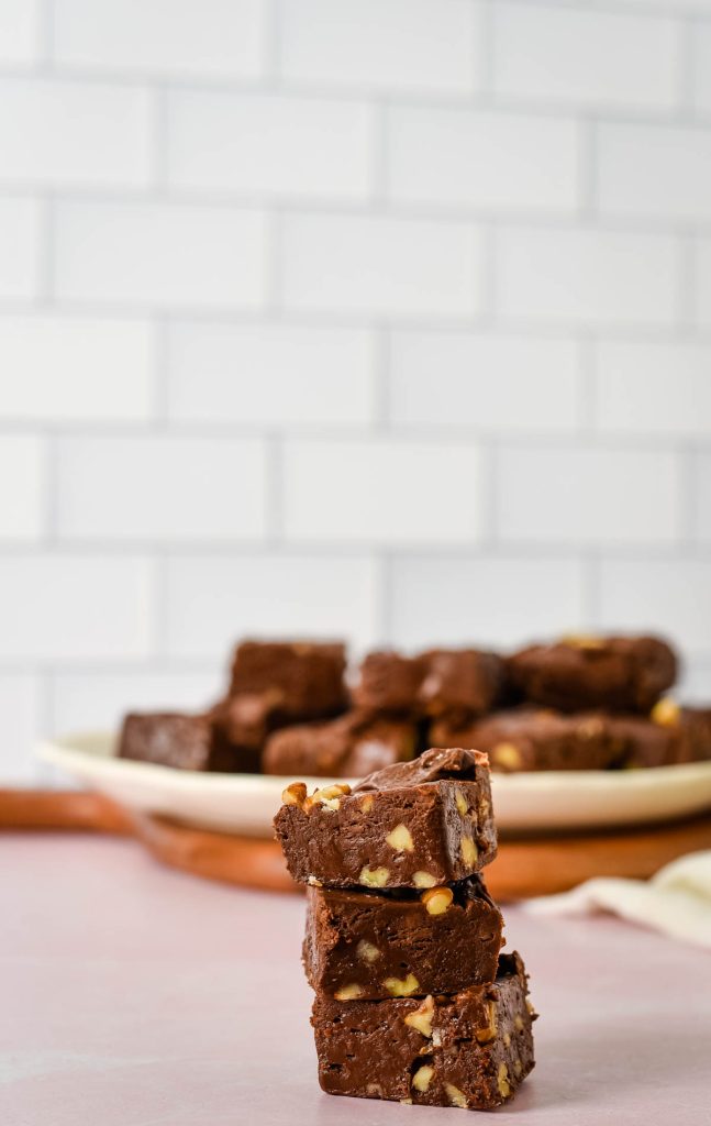 stack of old fashioned fudge in front of platter