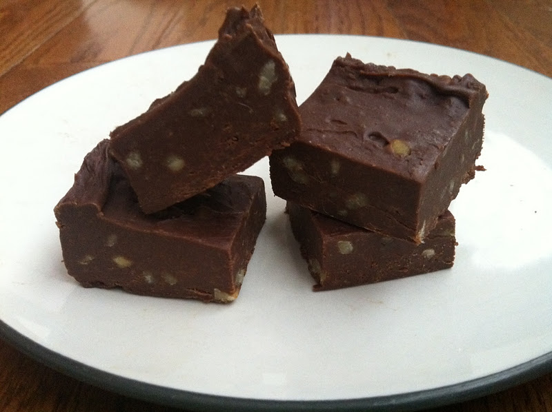 four pieces of chocolate fudge on a plate