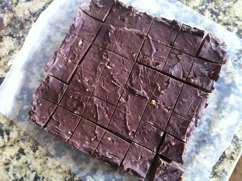 chocolate fudge on counter cut into 30 pieces 