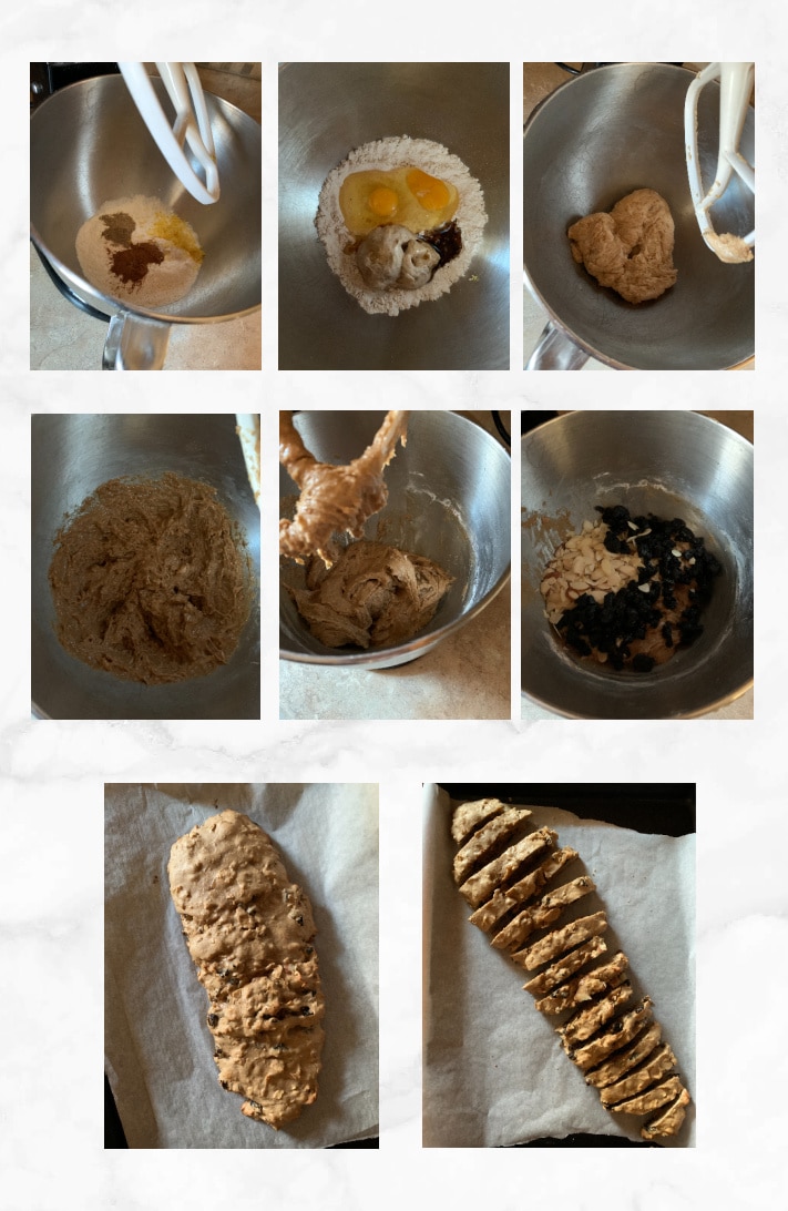 collage showing steps to make sourdough biscotti