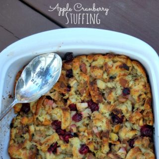 homemade stuffing in white pan with spoon