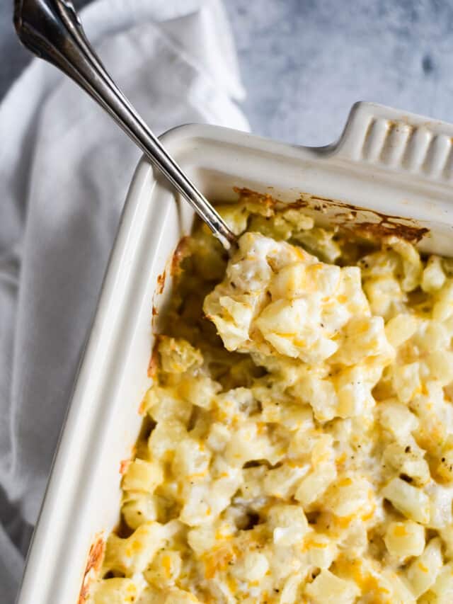overhead view of casserole dish with spoon