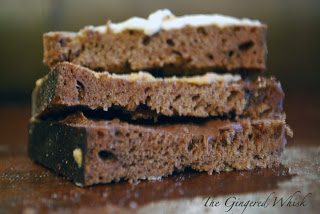 close up of three slices of chocolate bread