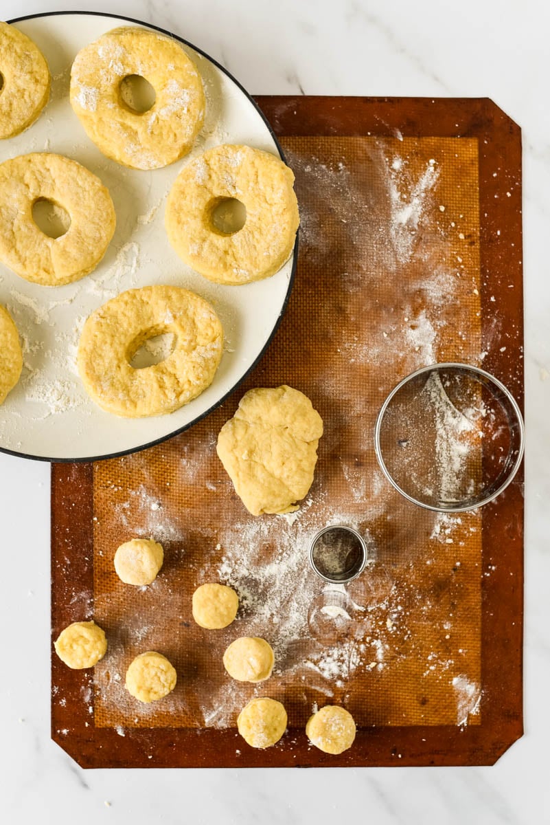 freshly cut sourdough donuts waiting to be fried