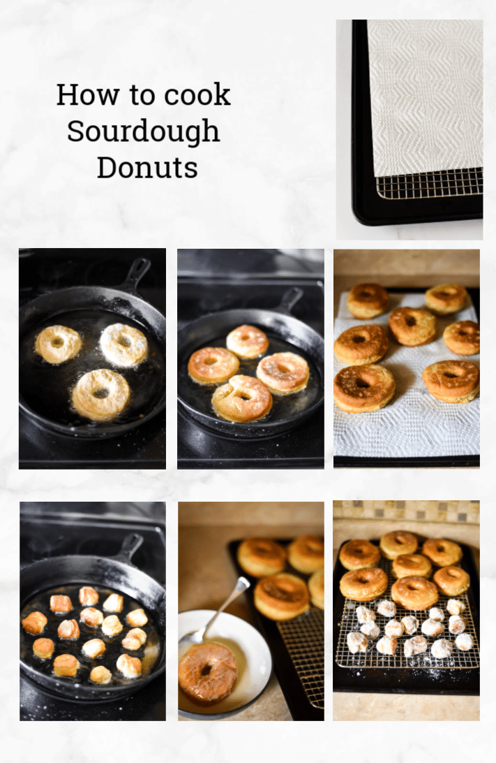 collage showing steps to fry sourdough donuts