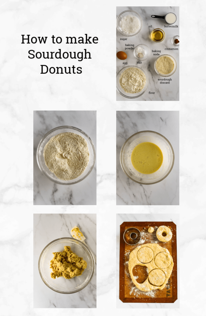 collage showing steps to make sourdough donuts