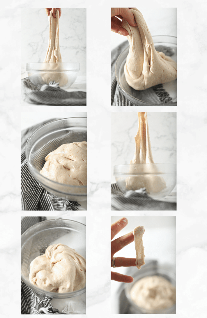 collage showing bulk fermentation steps for sourdough sandwich bread