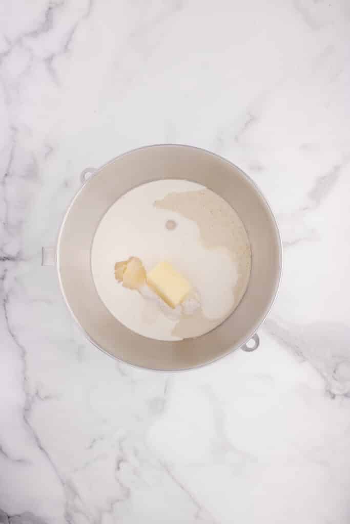 ingredients for dough in metal mixing bowl