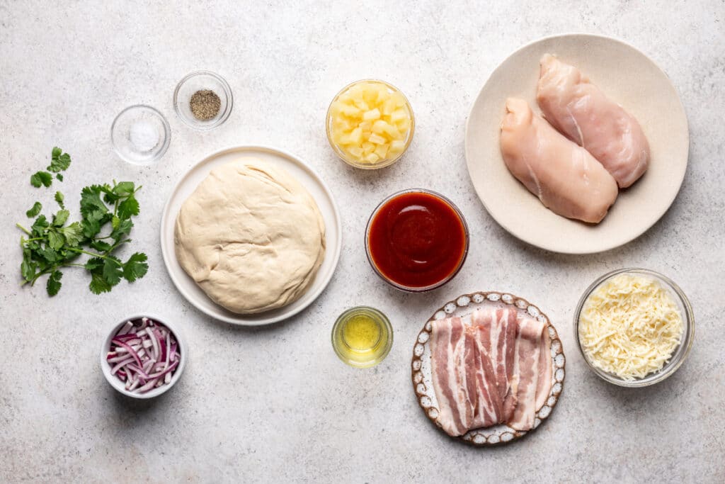 ingredients for Hawaiian bbq chicken on marble counter