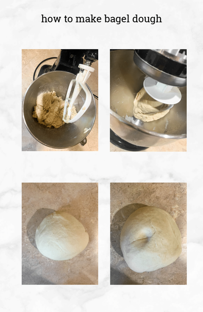 collage of images showing how to mix sourdough bagel dough