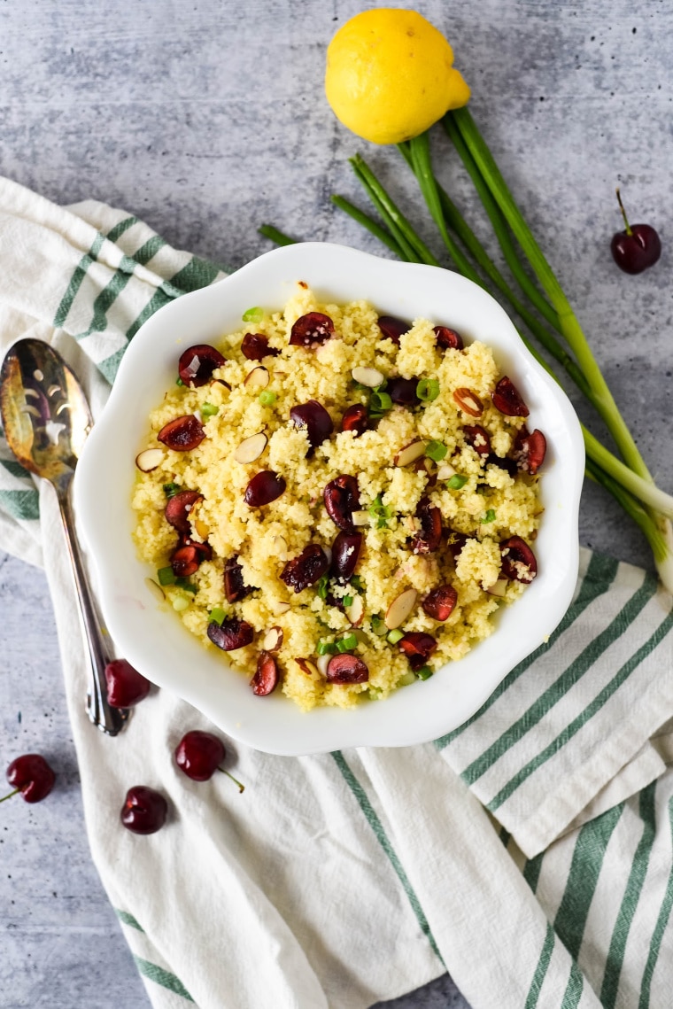 cherry couscous in white bowl