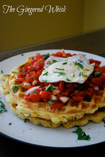 two savory waffles with salsa and poached egg