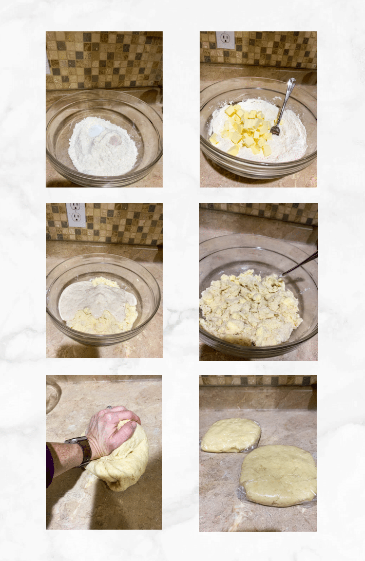 collage showing steps to mix sourdough pie crust dough