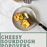 plate with sourdough popover with basket behind, text overlay of recipe name for pinterest