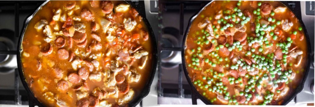 paella simmering in cast iron skillet
