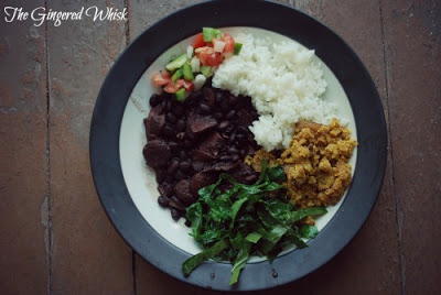 Feijoada and Farofa and rice on plate