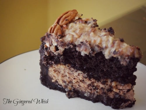 slice of german chocolate cheesecake on plate