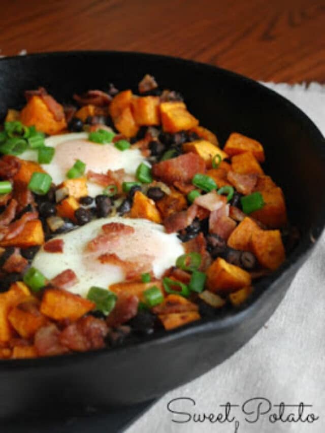 cast iron skillet with southwest sweet potato hash and eggs