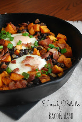 cast iron skillet with southwest sweet potato hash and eggs