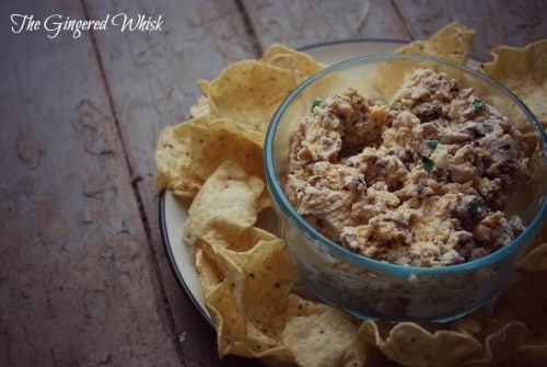 platter with chips and bowl of bacon dip