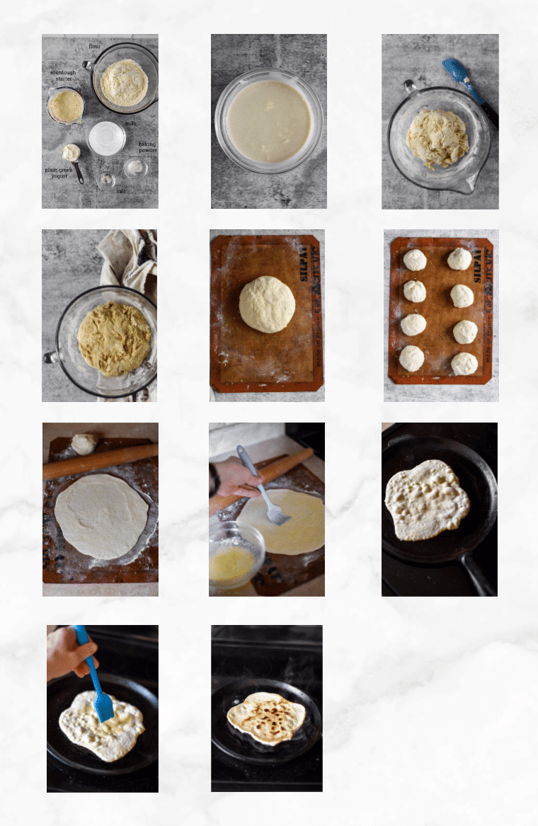 collage showing images of how to make sourdough naan