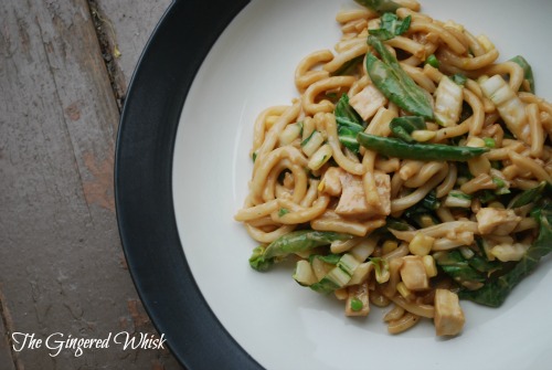 plate with udon noodles and peanut sauce and veggies