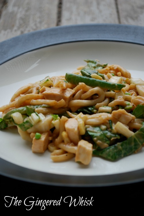 udon noodles on plate with veggies