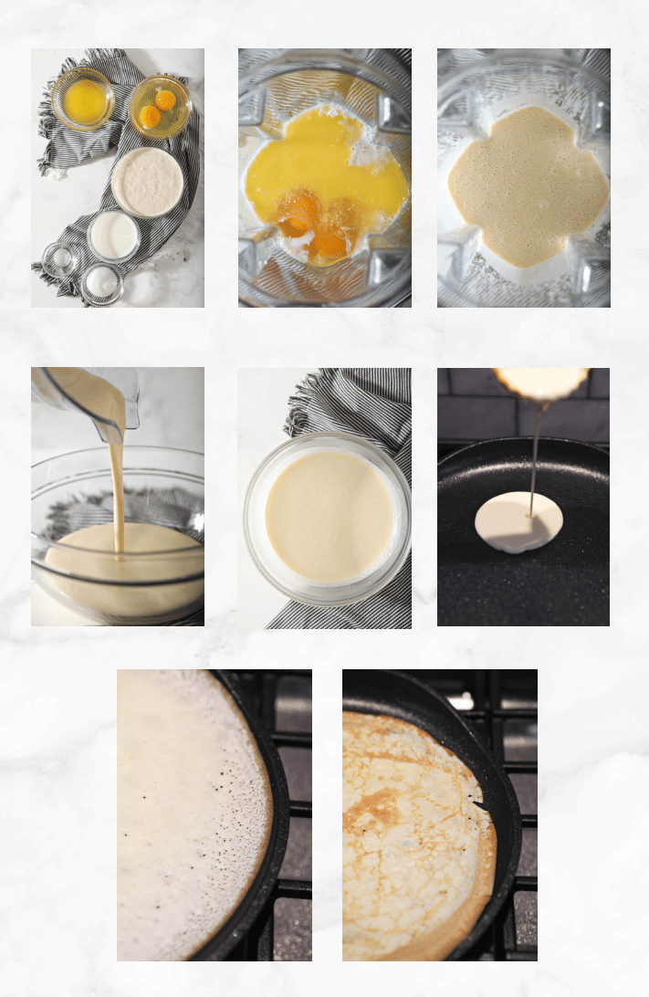 collage showing images of steps to make crepes