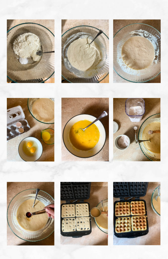collage showing images for how to make sourdough waffles