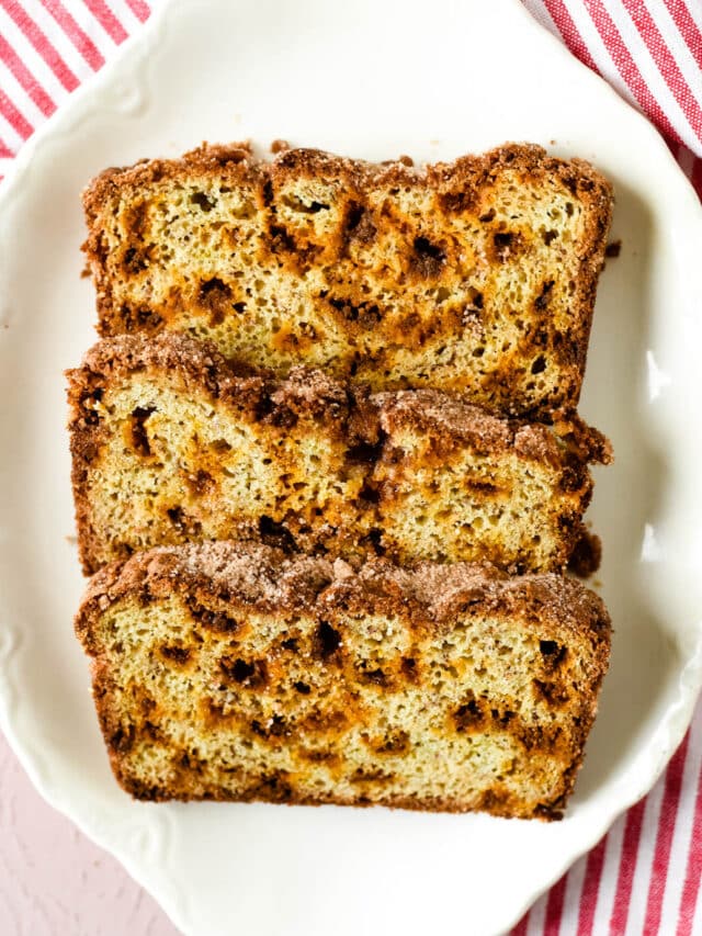 three slices of snickerdoodle banana bread on white plate