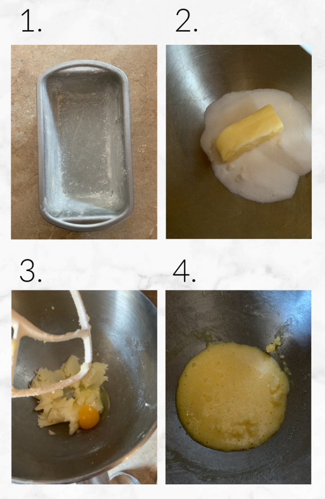 collage showing first four steps to make banana bread with cinnamon