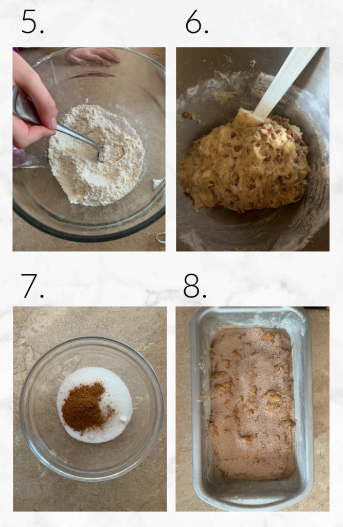 collage showing steps 5-8 to make banana bread with snickerdoodle sugar