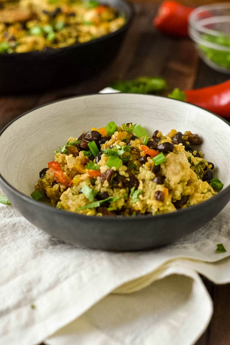 Quinoa Casserole in bowl with chicken and beans