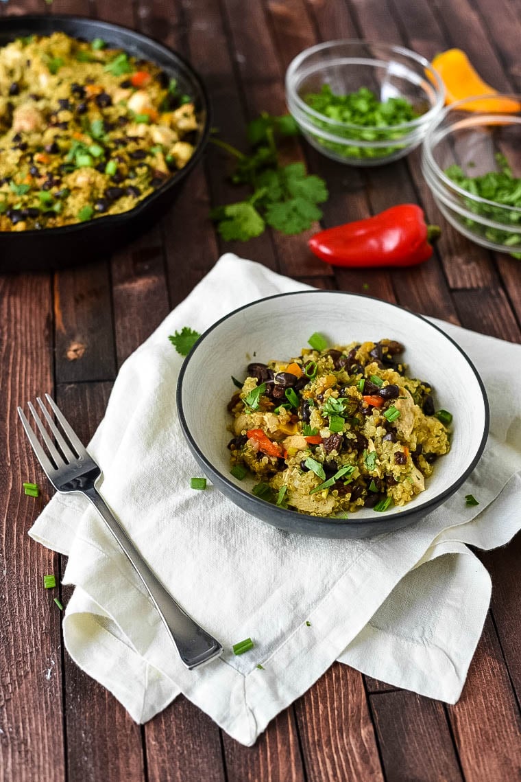 Quinao Casserole in bowl with ingredients 