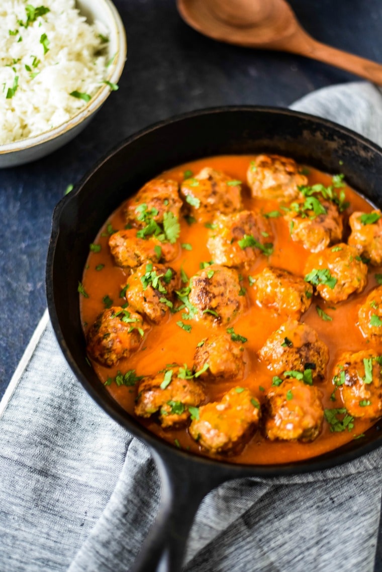 cast iron skillet with thai meatballs