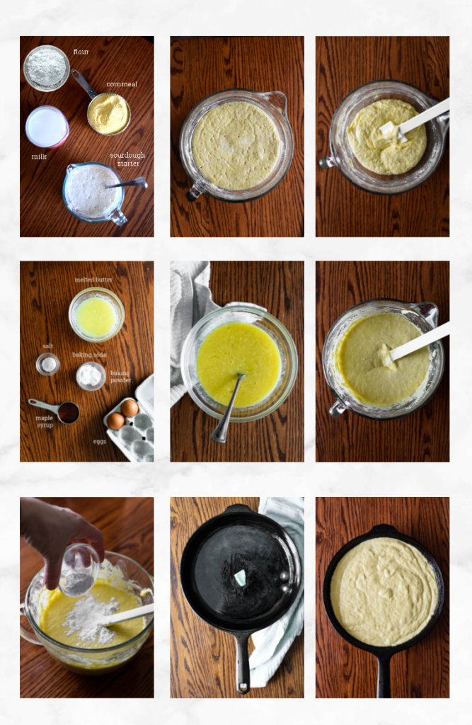 collage of steps showing how to make sourdough cornbread batter