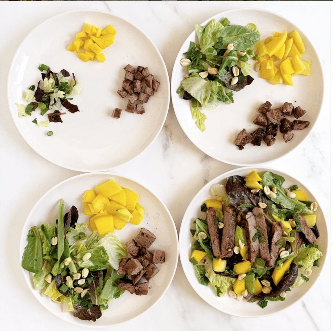 four plates showing how to serve salad to kids
