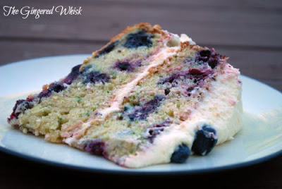 slice of cake with blueberries and lemon buttercream