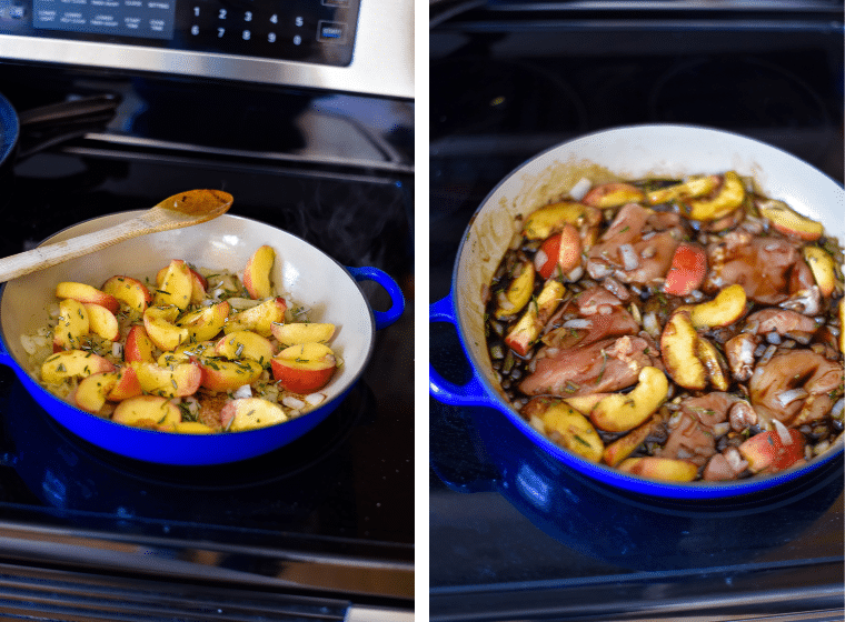 braising chicken and peaches in pan